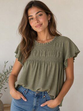 Ella Moss Olive Ruffle Blouse – Size L